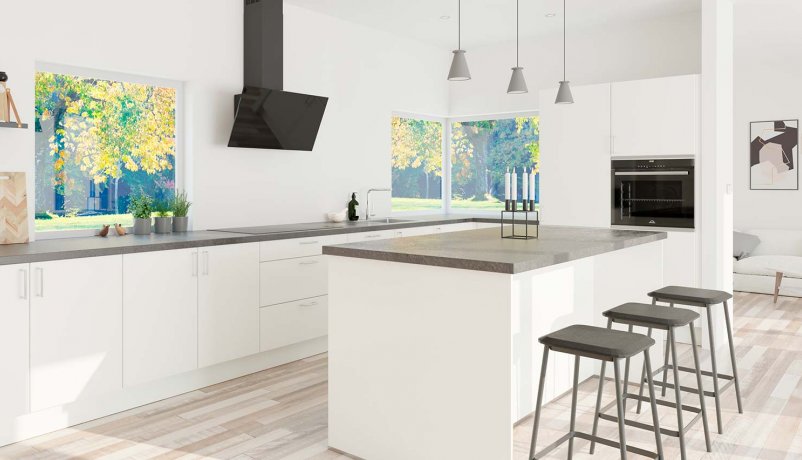 Nyt hvidt køkken med køkkenø i stilrent design