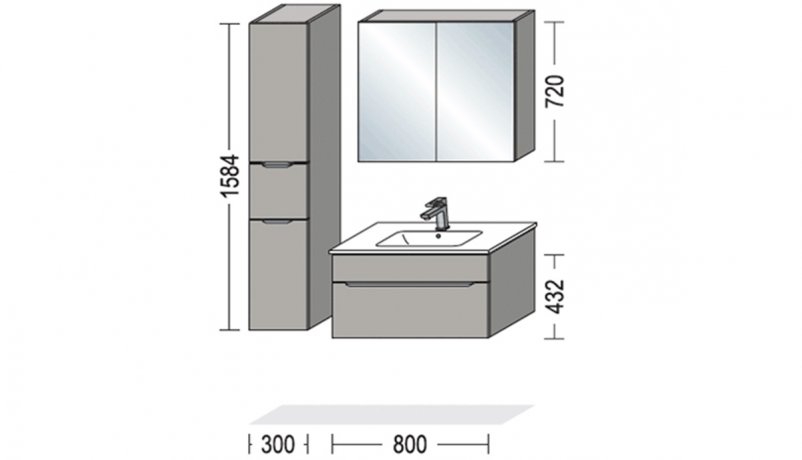 Måltegning til 80 cm bredt vaskeskab til badeværelse samt 30 cm sideskab