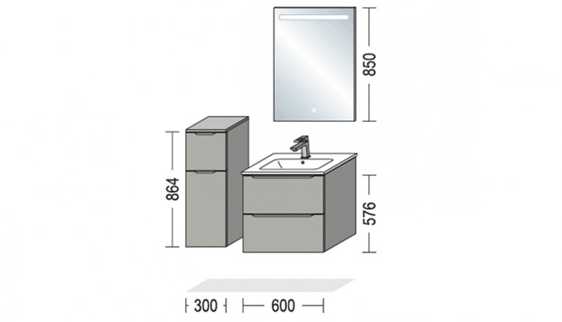 Måltegning på lille badeværelsesmøbel 60 cm bred og sideskab i 30 cm