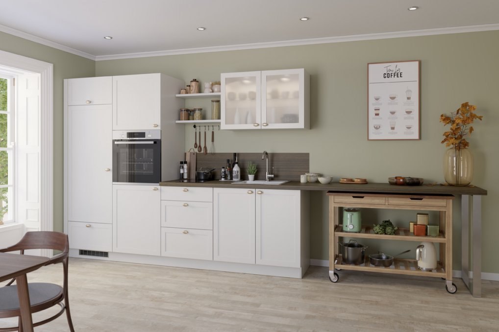 Charmerende, miljørigtigt køkken med udskæringer