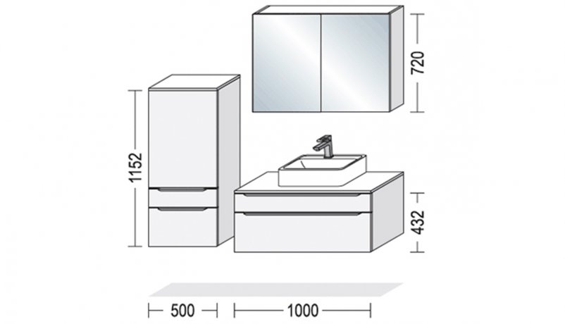 Tegning af højglans badmøbel med mål 100 cm i bredden og 50 cm sideskab