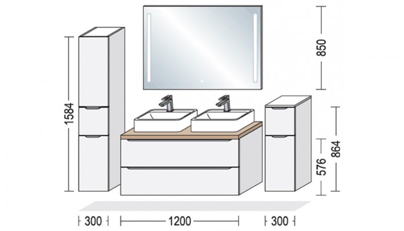 Måltegning af stort badmøbel med dobbeltvask i 120 cm bredde og 30 cm sideskabe