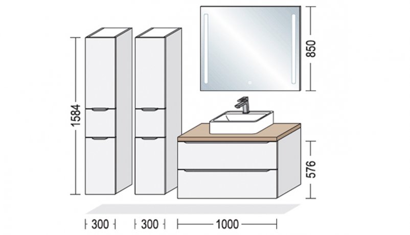 Måltegning til 1000 cm bredt badmøbel og 30 cm brede sideskabe