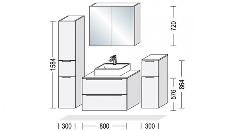 Stort badmøbel sæt i mål 80 cm og 30 cm sideskabe