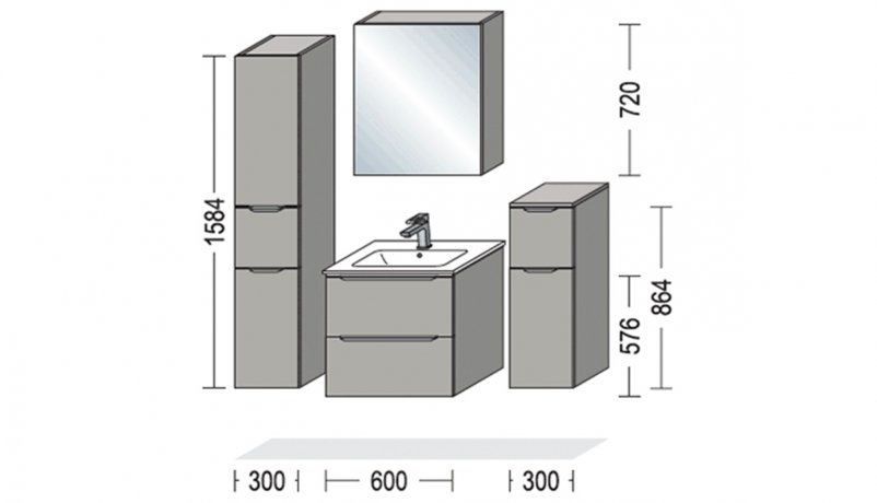Mål på 60 cm badeværelsesmøbel og to stk 30 cm sideskabe