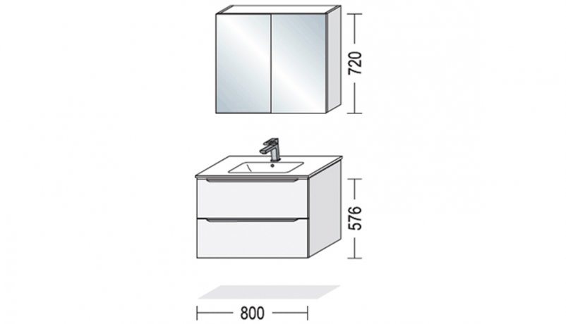 Måltegning på badeværelsesmøbel der er 80 cm bredt