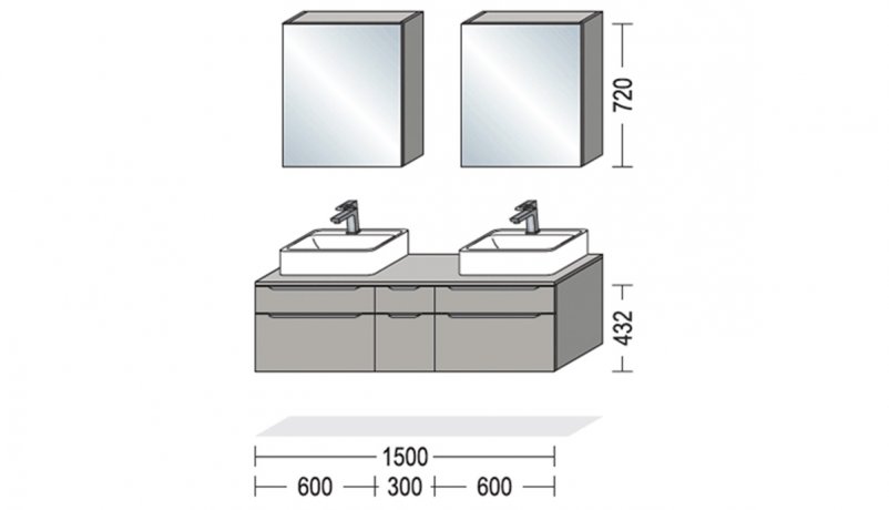 Måltegning til badeværelsesskabe med skuffer i bredde 150 cm totalt
