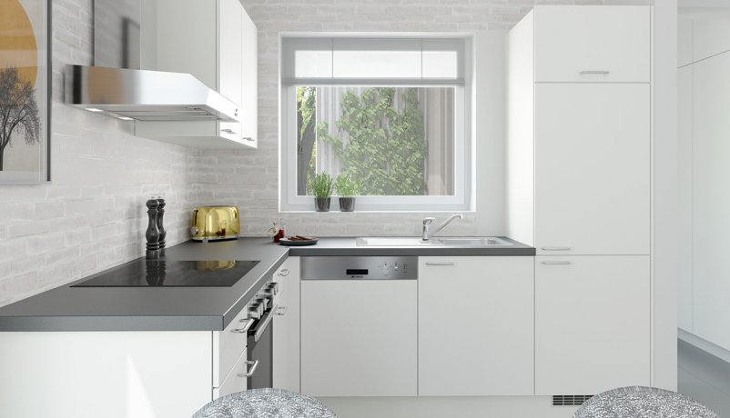 Hvidt vinkelkøkken med grå detaljer