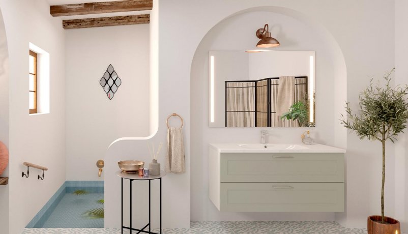 Charmerende badeværelse med grønne detaljer