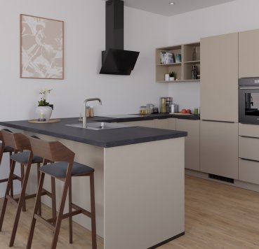 Miljøvenligt u-køkken i creme-grå